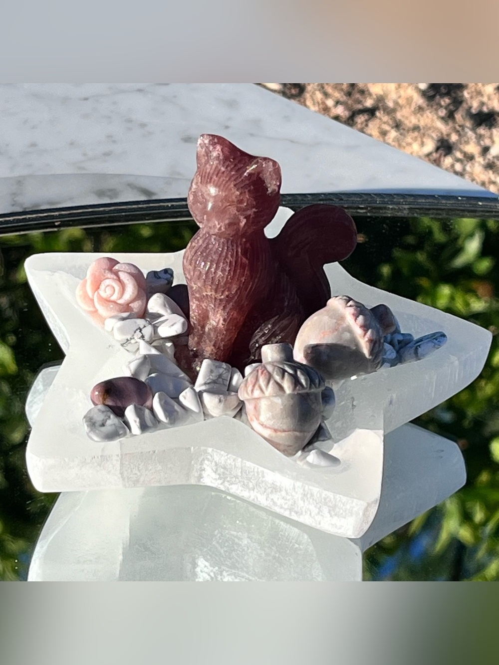 Star Shape Selenite Dish, ~2.5” Strawberry Quartz Cat, Marble Acorns, Howlite